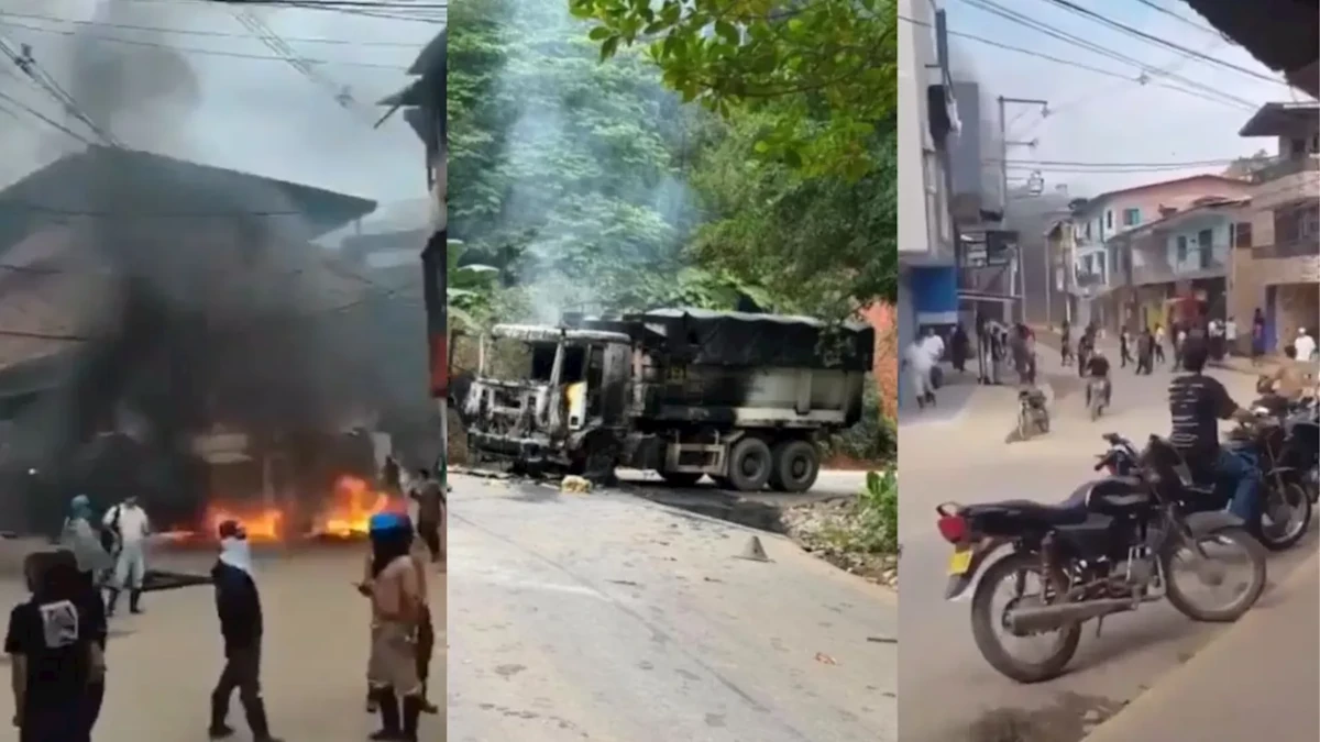 Tras el inicio del operativo comenzaron las protestas de un grupo de mineros y habitantes del municipio. Con el paso de las horas la situación escaló hasta convertirse en disturbios que incluyeron bloqueos de vías, enfrentamientos con la Fuerza Pública y la quema de vehículos oficiales - Foto: Capturas de vídeo de redes sociales