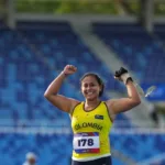 El atletismo colombiano también celebró el oro de Mayra Gaviria en lanzamiento de martillo. La atleta consiguió la victoria con un registro de 67,59 metros y completó una jornada dorada para Colombia junto con Longa - Foto: IDRD/Andrés Rot